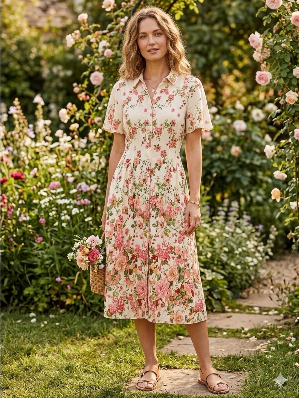 Cream Floral Button-Front Midi Dress with Pink Blooms Size M